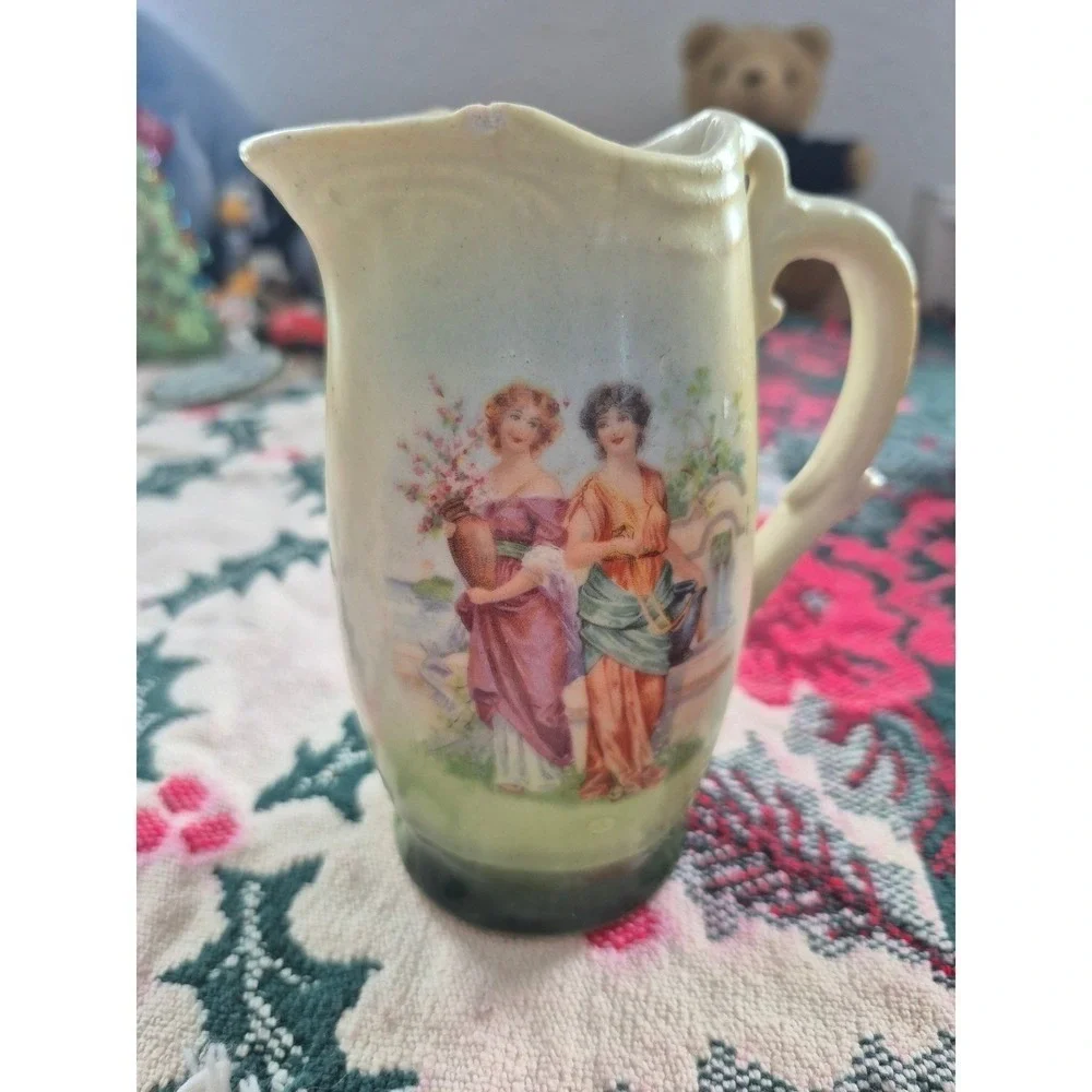 Vintage 1930s Czechoslovakia Ceramic Pitcher Hand Painted Floral Pastoral‎ Scene